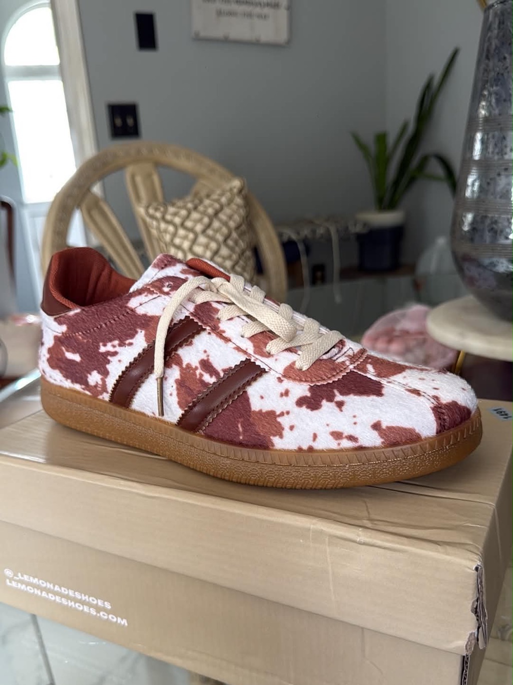 Field Dreams Brown & White Cow Print Leather-Trim Sneaker